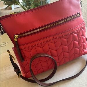 Fossil Cherry Red Woven Crossbody Bag